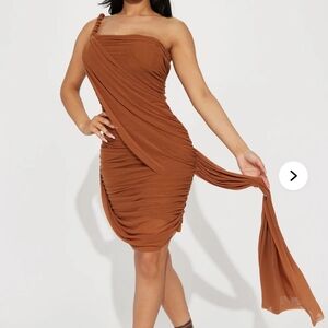 Brown Asymmetrical Ruched Cocktail Dress